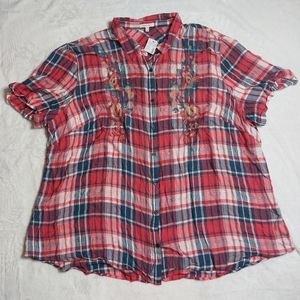 MAURICES Plaid Floral Short Sleeve Button Down Size 3 NWT